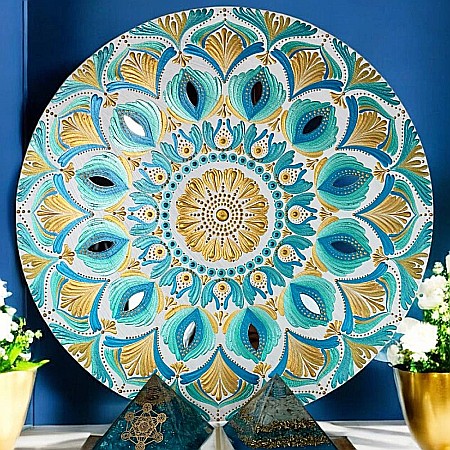 Cu gandul la vacanta, tablou mandala pictat manual in culorile verii, soare, apa, energie buna, 40 cm [1]