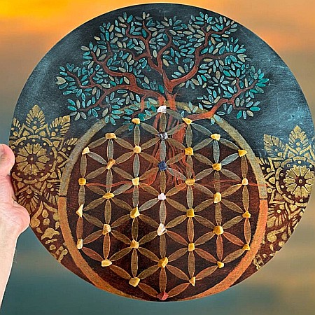 Freamatul Creatiei-Tablou pictat manual cu Floarea Vietii, Copacul Vietii, Mandala și cristale, 40 cm [1]
