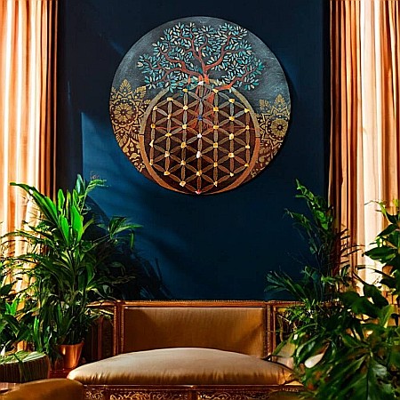 Freamatul Creatiei-Tablou pictat manual cu Floarea Vietii, Copacul Vietii, Mandala și cristale, 40 cm [2]