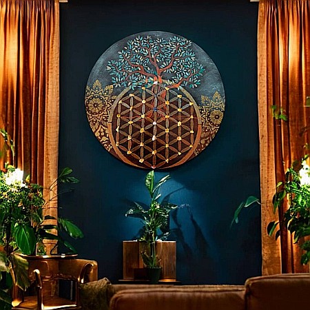 Freamatul Creatiei-Tablou pictat manual cu Floarea Vietii, Copacul Vietii, Mandala și cristale, 40 cm [3]