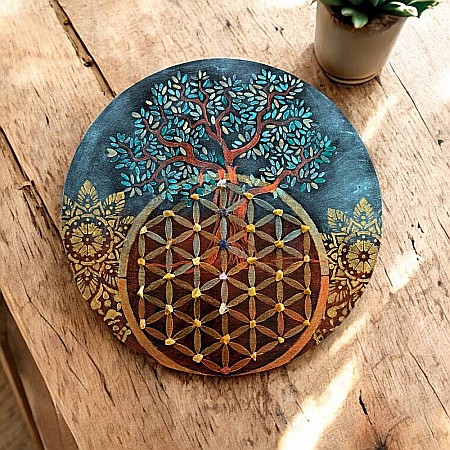 Tablouri Mandala - Freamatul Creatiei-Tablou pictat manual cu Floarea Vietii, Copacul Vietii, Mandala și cristale, 40 cm