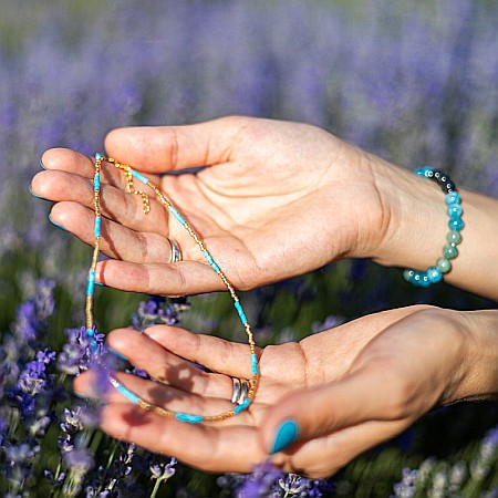 HOT! Colier pietre semipretioase Turcoaz, choker placat cu aur 18 K, pietre naturale elegant Vania cu Sunstone Miyuki [4]