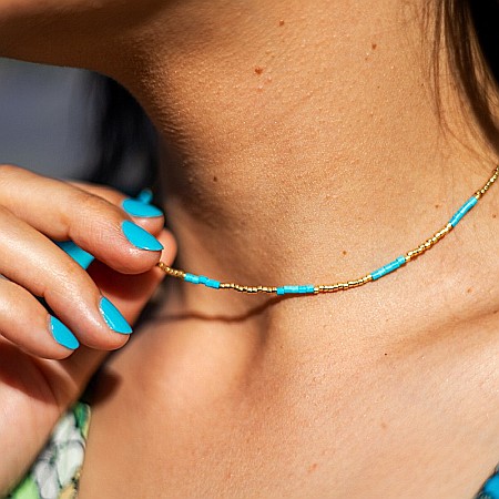 HOT! Colier pietre semipretioase Turcoaz, choker placat cu aur 18 K, pietre naturale elegant Vania cu Sunstone Miyuki [3]