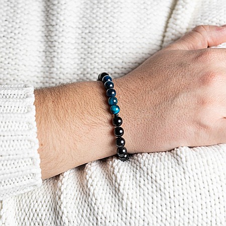 Bijuterii Ochi Tigru - Kareem, bratara handmade barbati din Cristale de Obsidian si Ochi de Tigru Royal Blue, margele de 8mm
