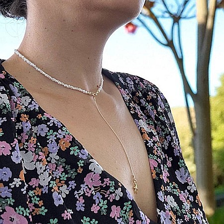 Lant argint elegant din perle de cultura neregulate 2-3mm cu prelungire lant si pandantiv stea de mare [5]