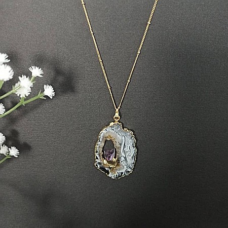 Lant cu Pandantiv Cristale Agat Druzy cu insertie de pietre semipretioase de Ametist, Surabhi, placat cu aur [5]