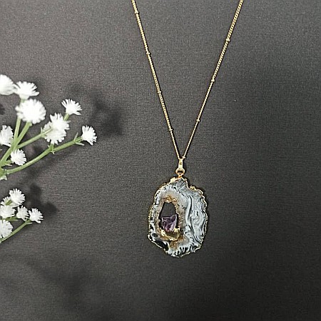 Lant cu Pandantiv Cristale Agat Druzy cu insertie de pietre semipretioase de Ametist, Surabhi, placat cu aur [7]