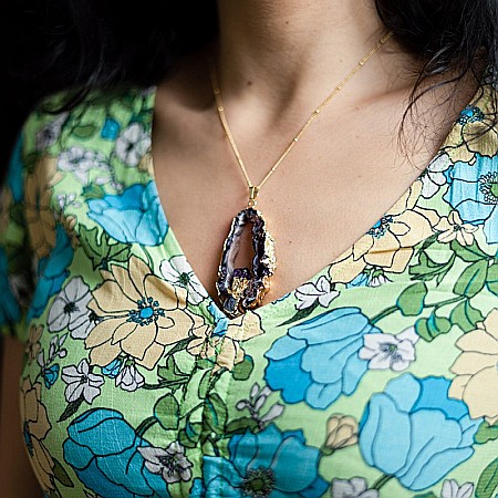 Lant cu Pandantiv Cristale Agat Druzy cu insertie de pietre semipretioase de Ametist, Surabhi, placat cu aur [12]