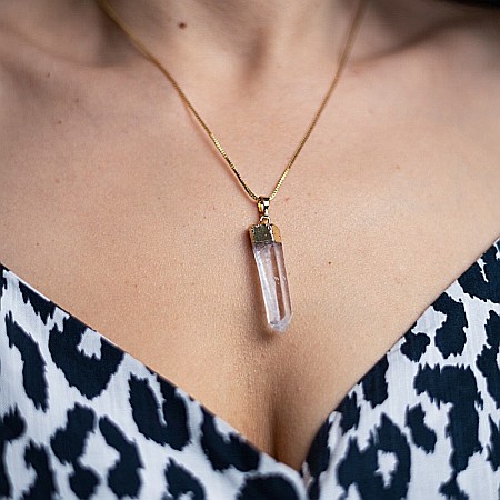Lant cu Pandantiv Cuart Alb Cristal Stanca brut Apala, placat cu aur 18K [9]
