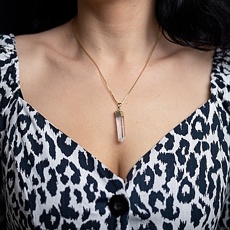 Lant cu Pandantiv Cuart Alb Cristal Stanca brut Apala, placat cu aur 18K [1]