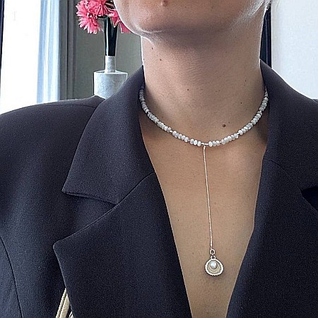 Lantisor lung elegant din argint cu rondele din sidef de scoica si pandantiv scoica cu perla [6]