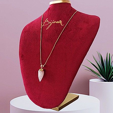 Coliere cristal dublu - Pandantiv cu cristal de cuart roz, fatetat, forma lacrima, placat cu aur