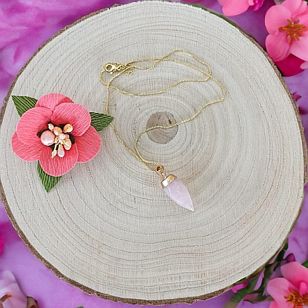 Pandantiv cu cristal de cuart roz, fatetat, forma lacrima, placat cu aur [2]