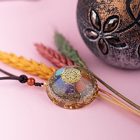 Pandantiv orgonic “ALVITA” 7 Chakre din Piatra Lunii, Foite de Cupru cu Simbol Sri Yantra, 3.6cm [1]