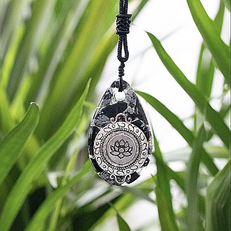Pandantiv Orgonic din cristale de Obsidian Fulg de Nea - Bijuterie Energetica cu simbol Lotus pentru Meditatie [5]