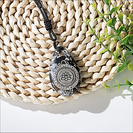 Pandantiv Orgonic din cristale de Obsidian Fulg de Nea - Bijuterie Energetica cu simbol Lotus pentru Meditatie [1]