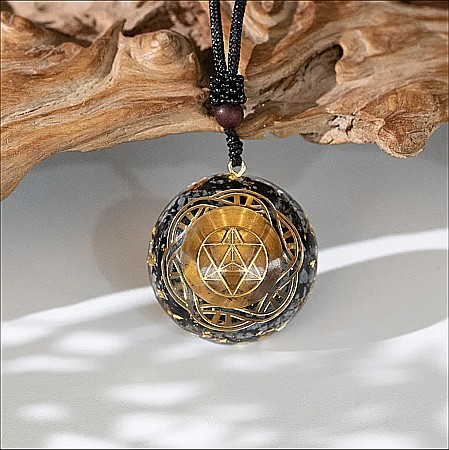 Bijuterii Ochi Tigru - Pandantiv orgonic energetic din Ochi de Tigru si Obsidian cu geometrie sacra simbol Merkaba pentru barbati