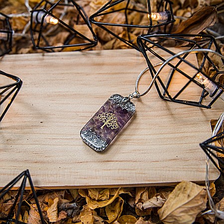 Pandantiv orgonic “Mahari” din pietre semipretioase de Ametist cu lant Snake din inox si simbol sacru Copacul Vietii, 3.5 cm [3]