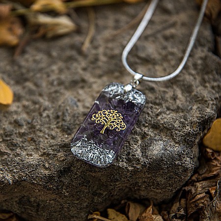 Pandantiv orgonic “Mahari” din pietre semipretioase de Ametist cu lant Snake din inox si simbol sacru Copacul Vietii, 3.5 cm [6]