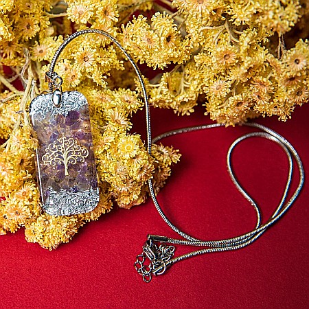 Pandantiv orgonic “Mahari” din pietre semipretioase de Ametist cu lant Snake din inox si simbol sacru Copacul Vietii, 3.5 cm [4]