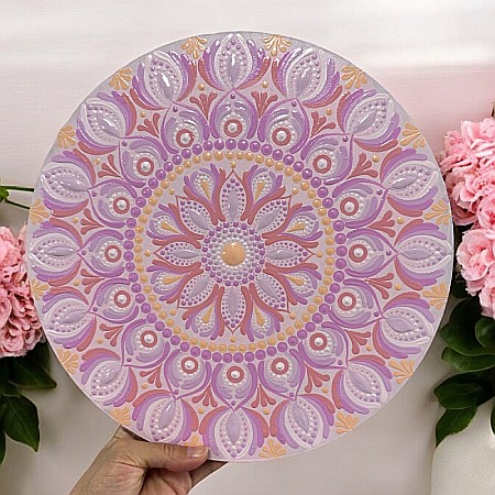 Tablouri Mandala - Pictura Mandala Unicat in nuante de Roz, Mov si Piersica pe suport de lemn, 30 cm