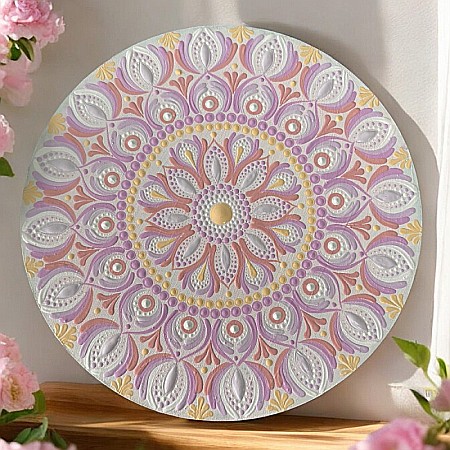 Pictura Mandala Unicat in nuante de Roz, Mov si Piersica pe suport de lemn, 30 cm [2]