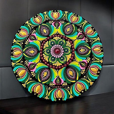 Pictura Mandala unicat, realizata manual in culori acrilice pe suport de lemn de 30 cm [4]