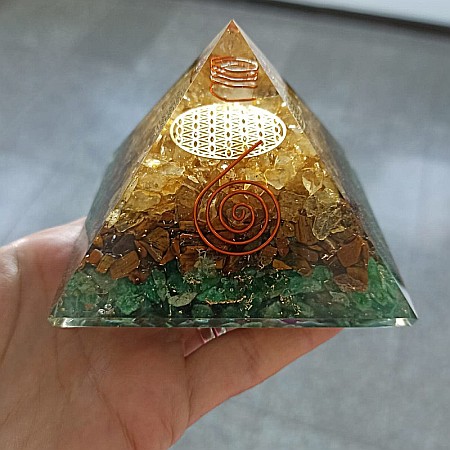 Piramida orgonica Mohan cu cristale de Aventurin, Ochi de Tigru si Citrin, cu simbol Floarea Vietii si spirala de cupru [4]