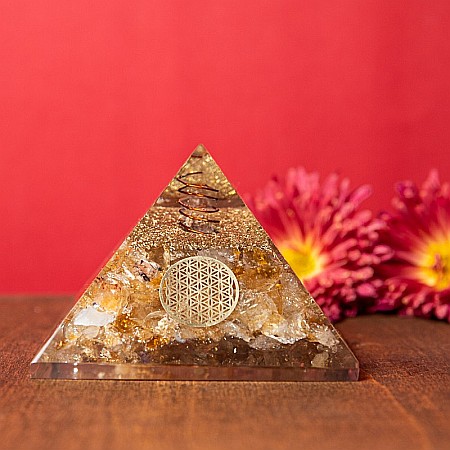 Piramida abundentei Orgonit, Drava, din pietre semipretioase de Citrin, cu simbol Floarea Vietii si Varf de Cristal Vibrational [2]