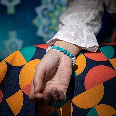 Sandrina, bratara dama handmade pietre semipretioase de Amazonit si Morganite cu charm frunza [4]