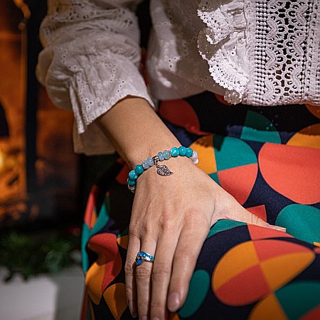 Sandrina, bratara dama handmade pietre semipretioase de Amazonit si Morganite cu charm frunza [1]