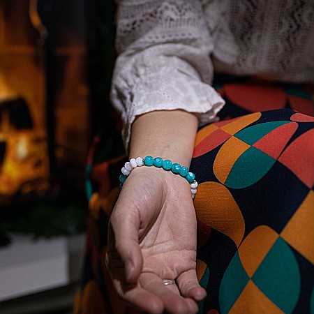 Sandrina, bratara dama handmade pietre semipretioase de Amazonit si Morganite cu charm frunza [2]