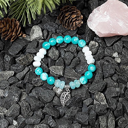 Bijuterii Amazonit - Sandrina, bratara dama handmade pietre semipretioase de Amazonit si Morganite cu charm frunza