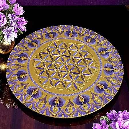 Serenitate Regala_Tablou Mandala Pictat Manual in culori regale auriu-mov, 40 cm [3]