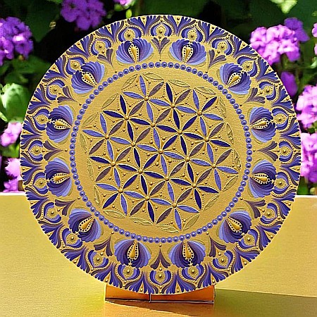 Serenitate Regala_Tablou Mandala Pictat Manual in culori regale auriu-mov, 40 cm [1]