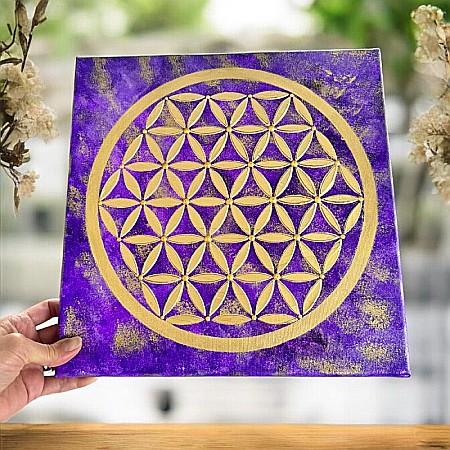 Tablouri Mandala - Tablou handmade Floarea Vietii in nuante de mov regal si auriu, pe Canvas – Conexiune profunda cu spiritualitatea