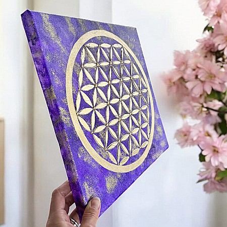 Tablou handmade Floarea Vietii in nuante de mov regal si auriu, pe Canvas – Conexiune profunda cu spiritualitatea [2]