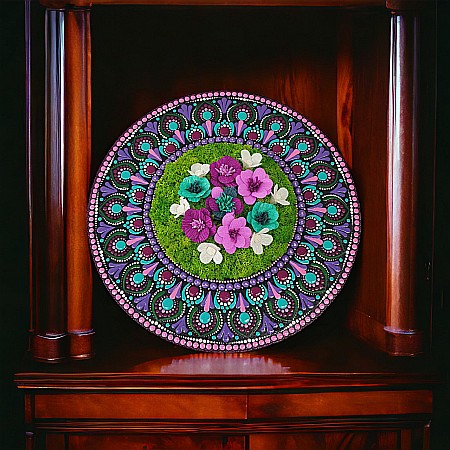 Tablouri Mandala - Tablou licheni, tablou mandala pictat prin tehnica punctului cu flori din hartie handmade- 30 cm