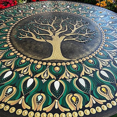 Tablouri Mandala - Tablou Mandala Copacul Vietii pe suport de lemn cu oglinzi, in nuante auriu-verde, 60 cm