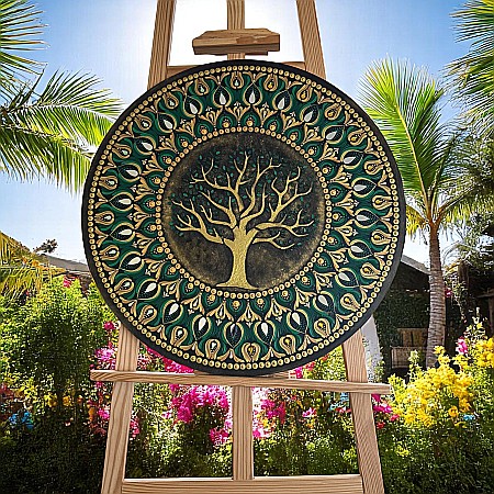 Tablou Mandala Copacul Vietii pe suport de lemn cu oglinzi, in nuante auriu-verde, 60 cm [2]