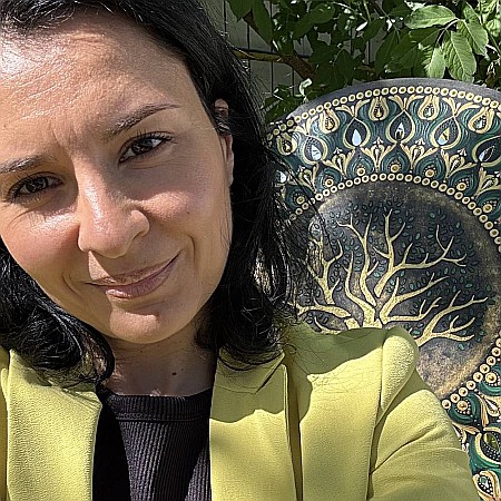 Tablou Mandala Copacul Vietii pe suport de lemn cu oglinzi, in nuante auriu-verde, 60 cm [7]