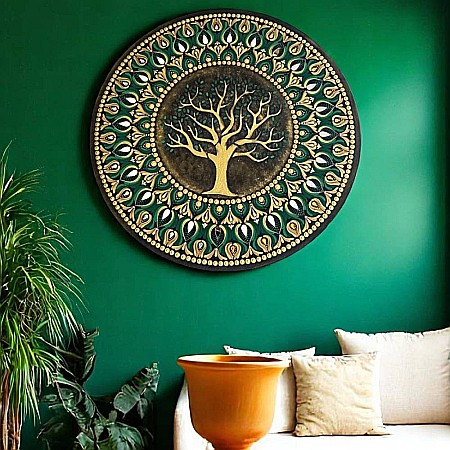 Tablou Mandala Copacul Vietii pe suport de lemn cu oglinzi, in nuante auriu-verde, 60 cm [1]