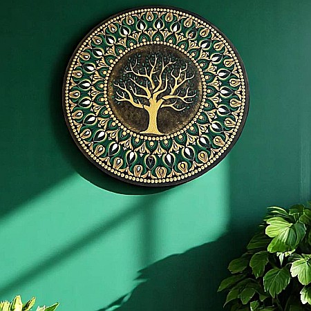 Tablou Mandala Copacul Vietii pe suport de lemn cu oglinzi, in nuante auriu-verde, 60 cm [6]