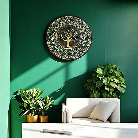 Tablou Mandala Copacul Vietii pe suport de lemn cu oglinzi, in nuante auriu-verde, 60 cm [5]