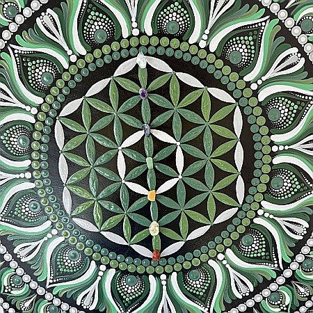 Tablou Mandala cu Floarea Vietii si cristalele celor 7 Chakre, realizat la comanda in culorile Kaki si Gri [1]