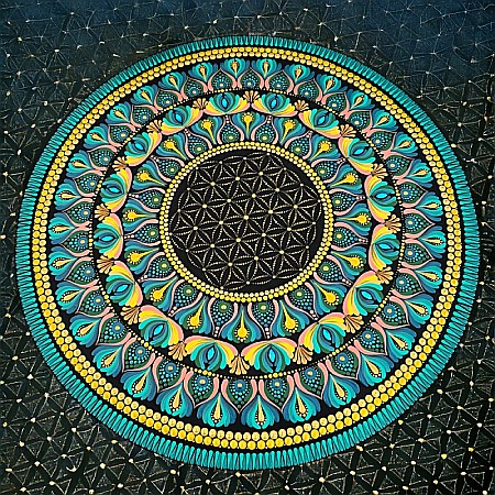 Tablou Mandala handmade unicat cu Floarea Vietii, realizat pe suport de lemn de 60 cm [1]