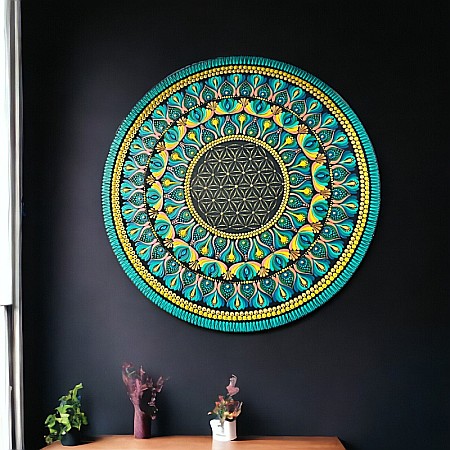 Tablou Mandala handmade unicat cu Floarea Vietii, realizat pe suport de lemn de 60 cm [2]