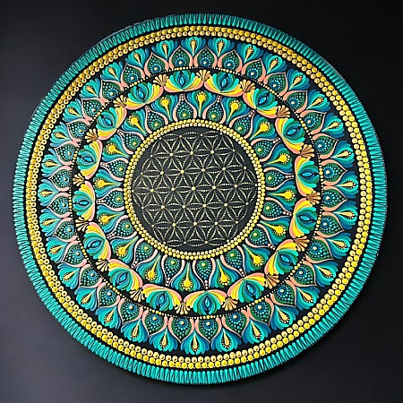 Tablou Mandala handmade unicat cu Floarea Vietii, realizat pe suport de lemn de 60 cm [3]