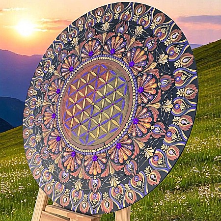 Tablou Mandala pictat manual cu Floarea Vietii in nuante de auriu, mov, cupru, 60 cm [5]