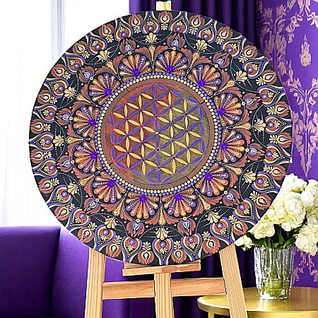 Tablouri Mandala - Tablou Mandala pictat manual cu Floarea Vietii in nuante de auriu, mov, cupru, 60 cm